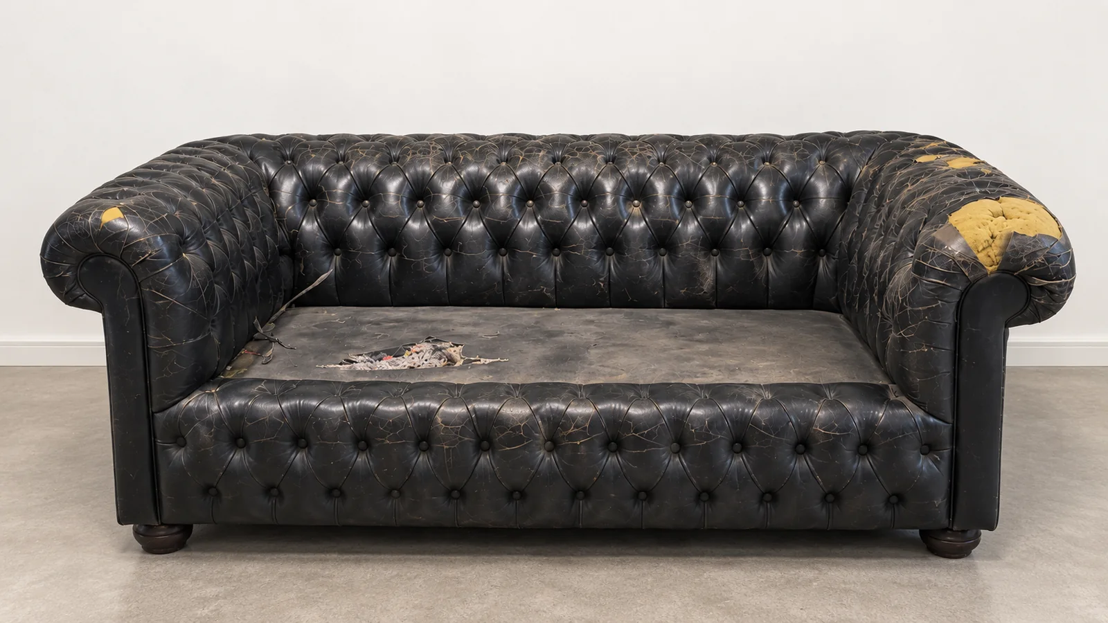 Sofá Chesterfield de couro preto com a capitonê rachada e o assento rasgado, antes da reforma