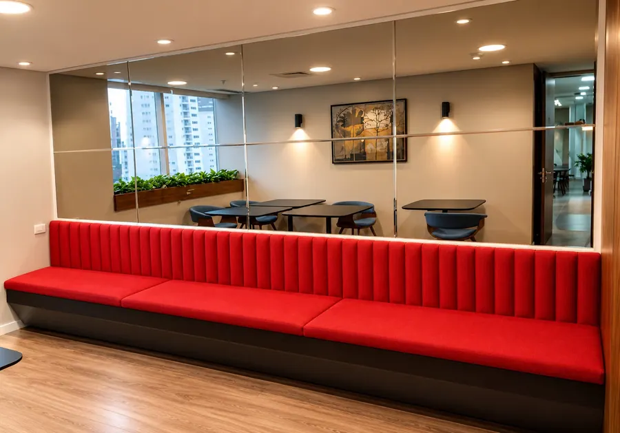 Banco corrido vermelho em sala corporativa, Brasilina
