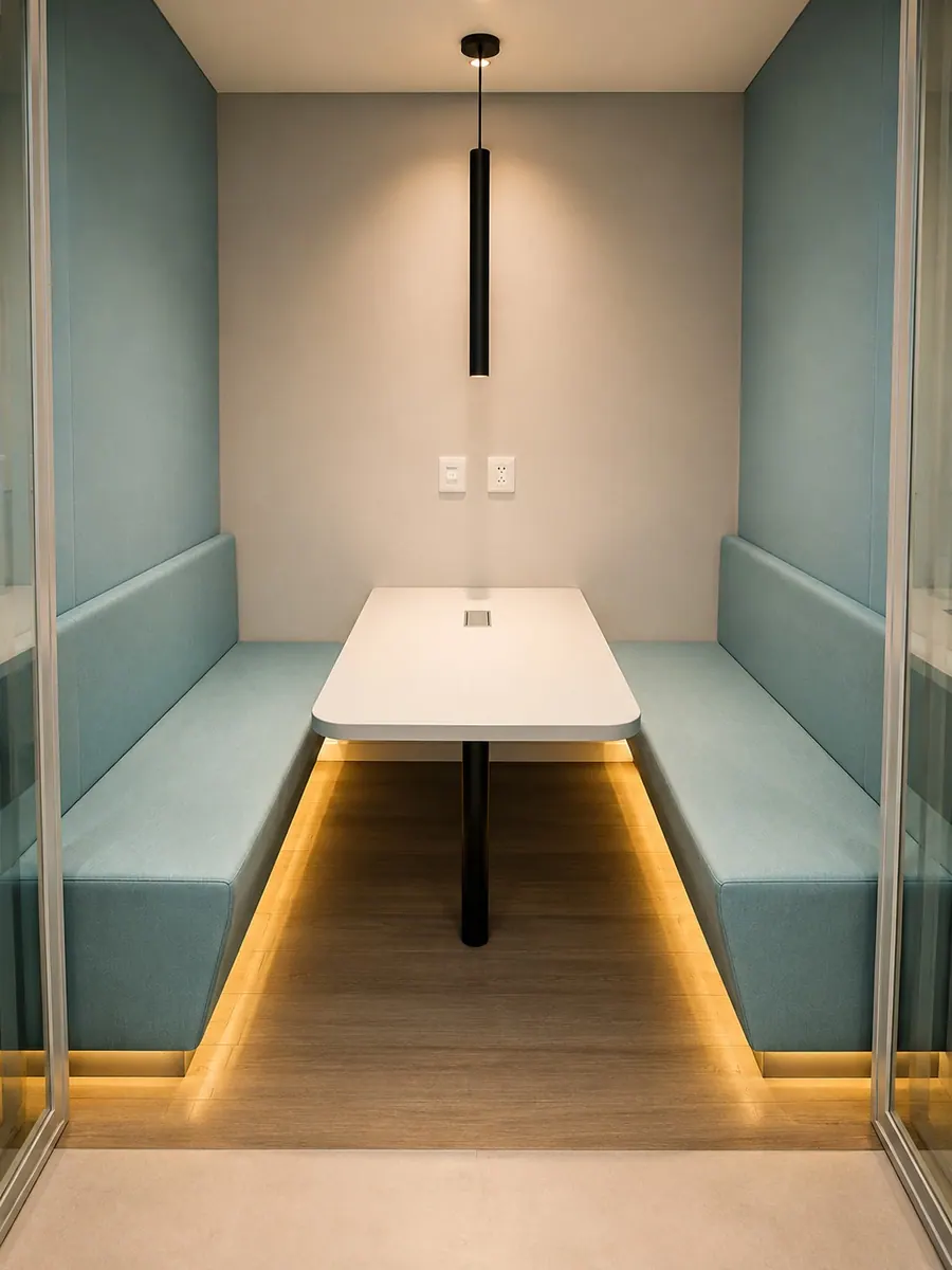 Cabine acústica estofada em azul-claro para escritório, Brasilina