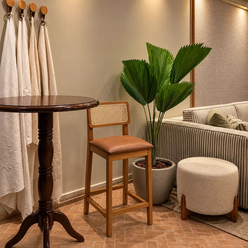 Canto do showroom com mesa redonda de madeira, banqueta de couro e pufe claro
